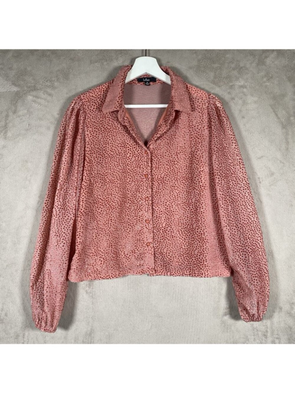 Lulus Top M Positive Influences Pink Dotted Long Sleeve Button Up Flocked Sheer - Picture 4 of 16